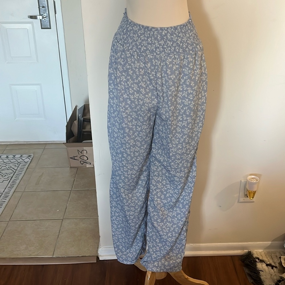 Blue Floral Casual Pants